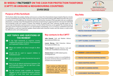 These factsheets are produced on a bi-weekly basis for Protection and Cash and Voucher Assistance (CVA) specialists who are considering, planning for, or already using CVA integrated into protection programming to support protection outcomes for individuals and households inside and outside of Ukraine